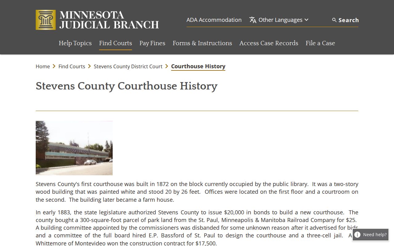 Stevens County court docket courthouse history