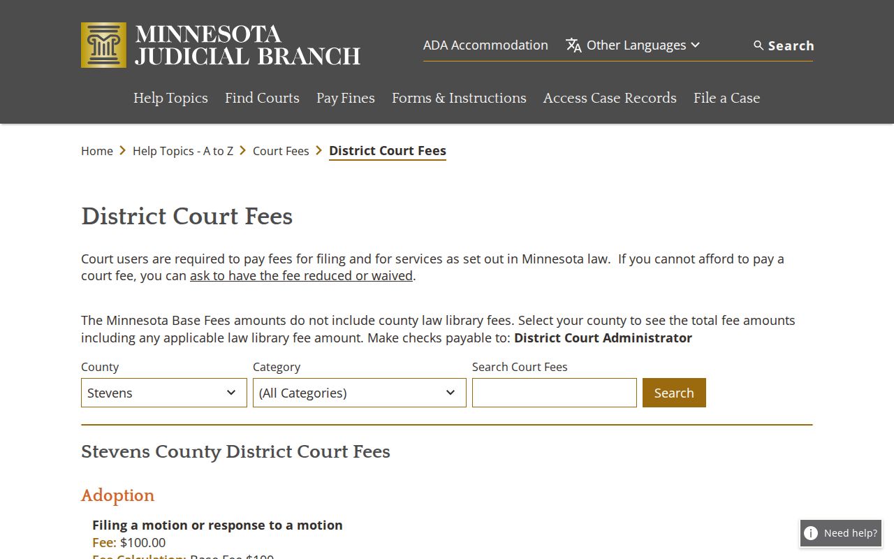 Stevens County criminal docket fee information
