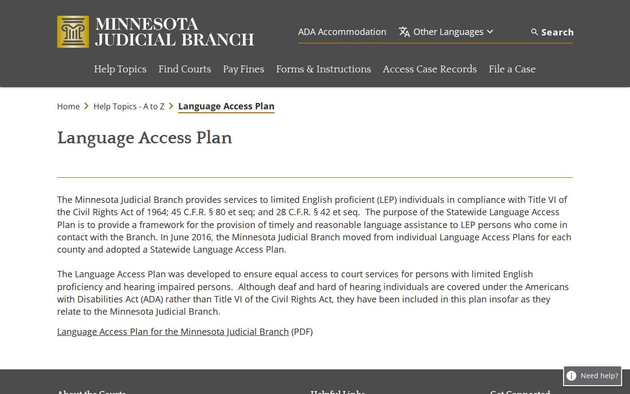 Stevens County court records language access information