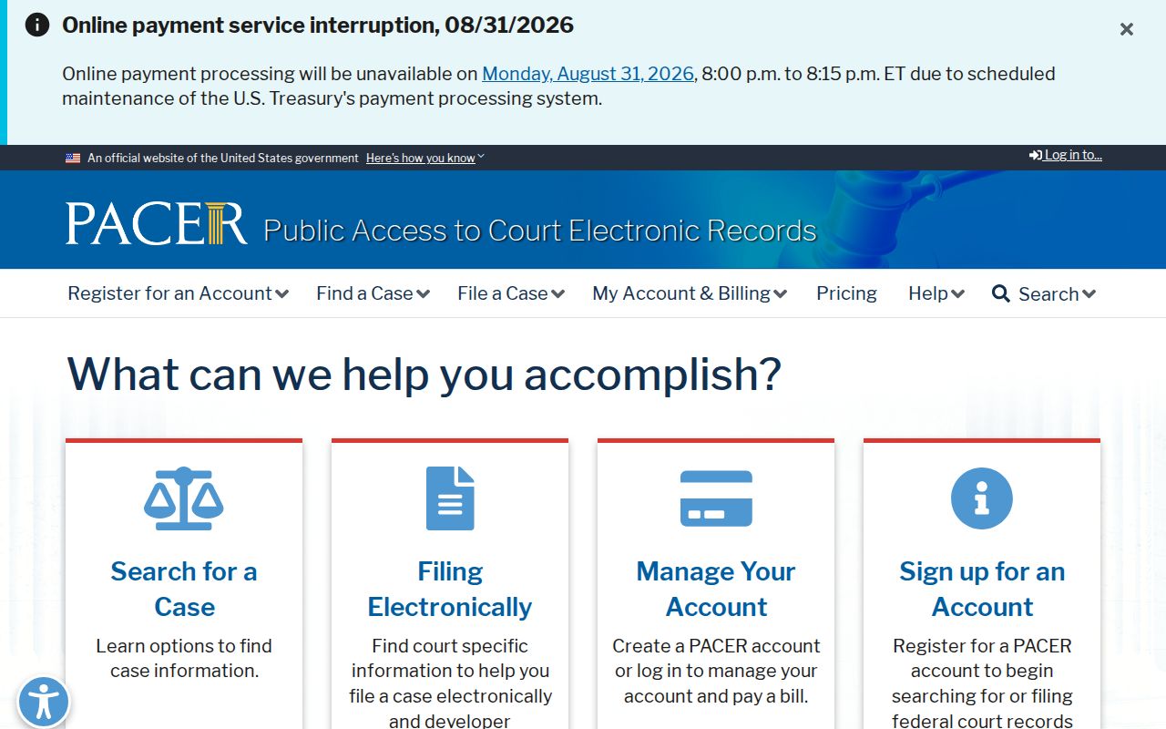 Chokio court records reference image showing the PACER federal public access gateway
