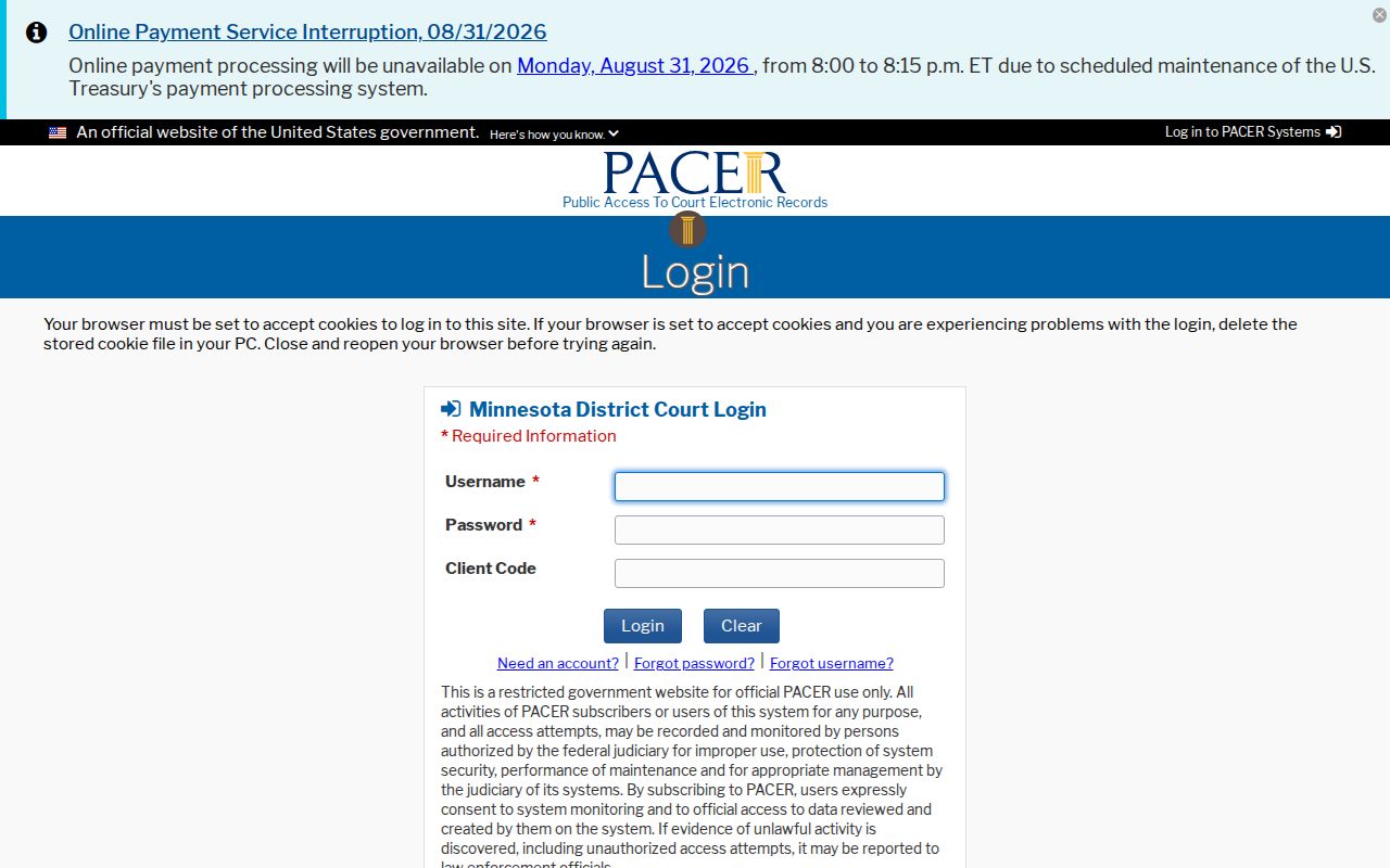 Chokio court records reference image showing the District of Minnesota PACER login page
