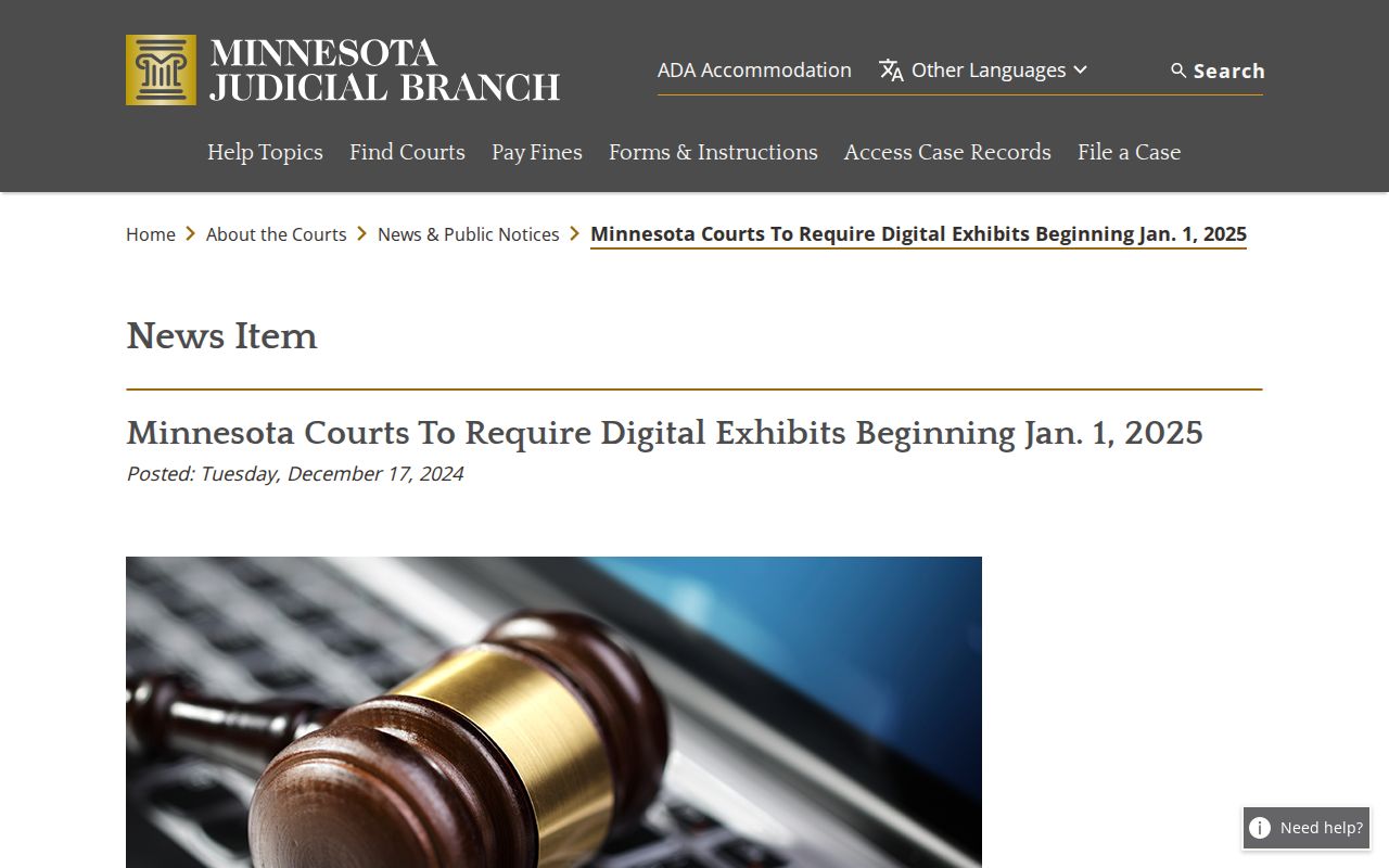 Donnelly court records reference image showing Minnesota Judicial Branch digital exhibits information