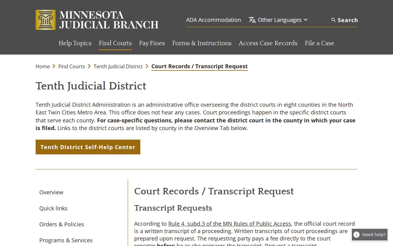 Alberta court records reference image showing Minnesota Judicial Branch transcript request information