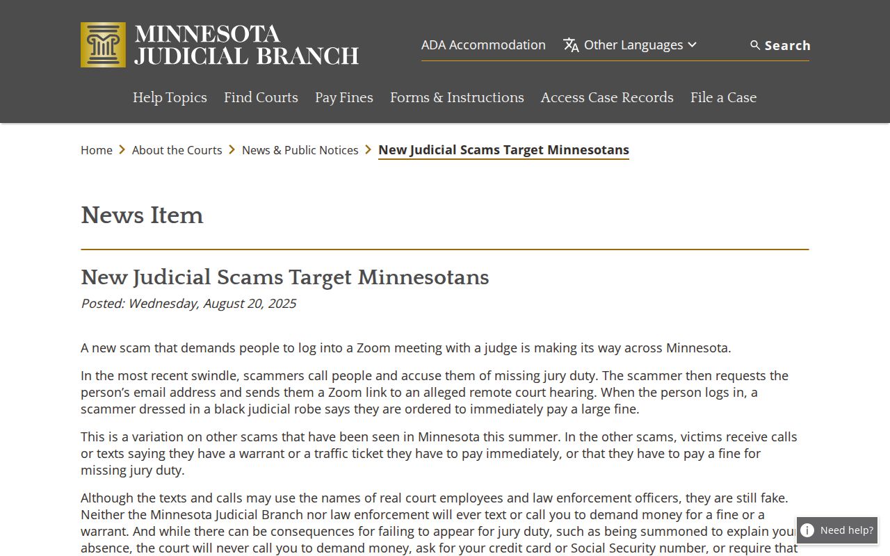 Alberta court records reference image showing Minnesota Judicial Branch scam warning information